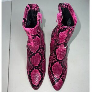 Womens Hot Pink Black Snake Print Pointed Toe Ankle Boots Clear Block Heel Zip